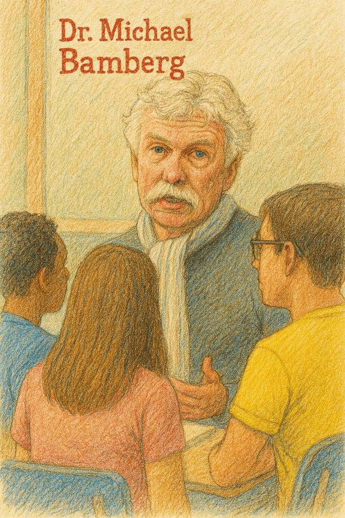 Illustrated sketch of Dr. Michael Bamberg speaking with students during lecture.