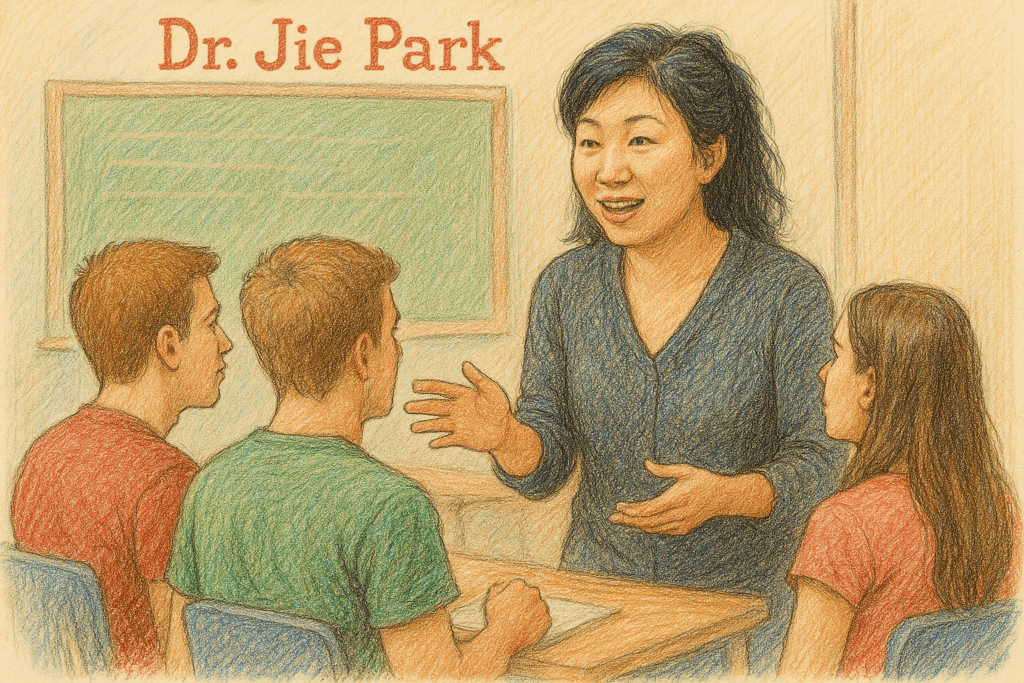 Color pencil sketch of Dr. Jie Park teaching Worcester college students in a classroom.