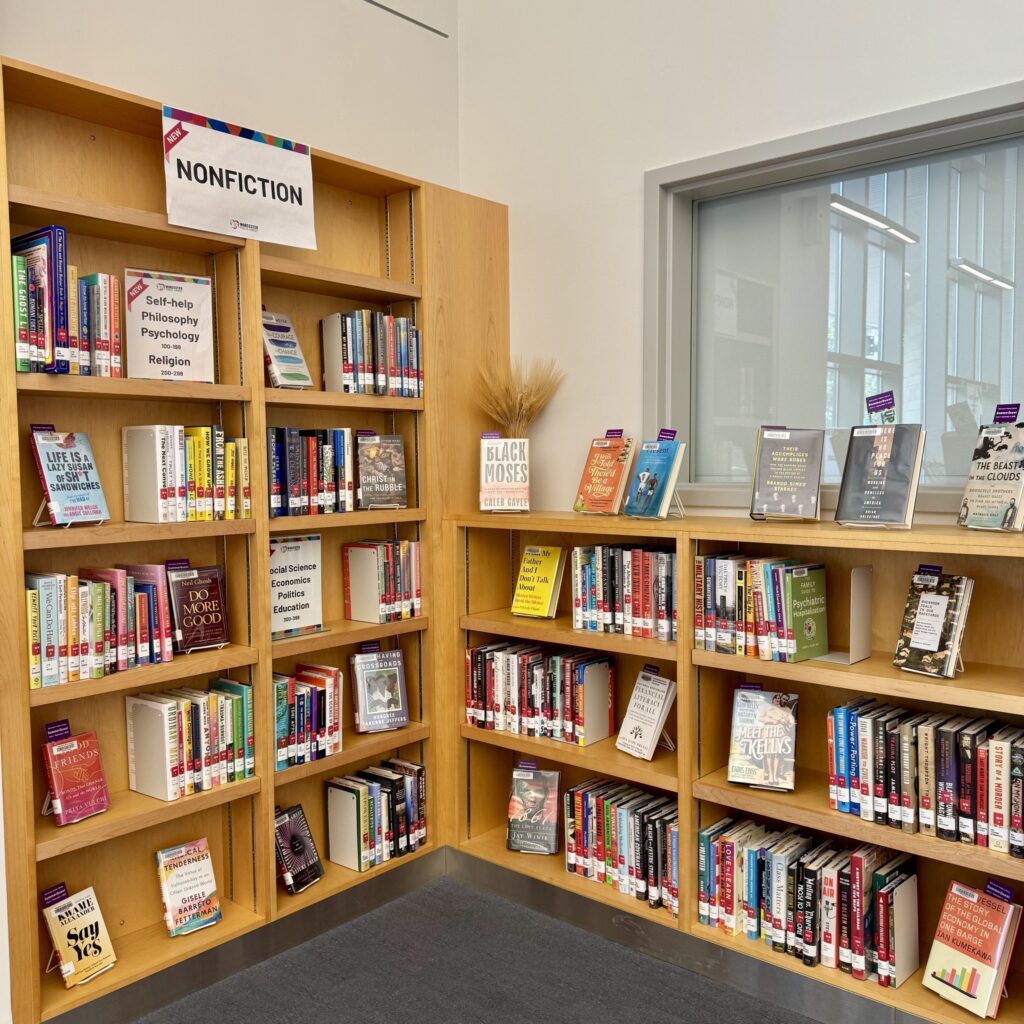 Books on shelves in the Worcester Public Library 