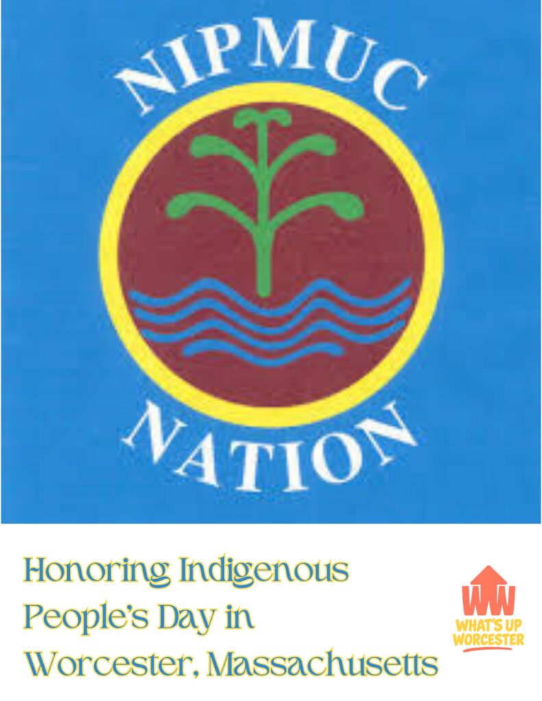 Nipmuc Nation tribal seal featuring a green tree above blue waves on a red and yellow circular emblem, symbolizing the Nipmuc people of Central Massachusetts.