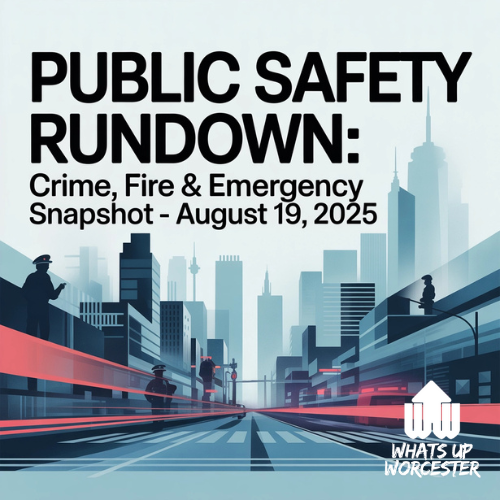 Worcester Public Safety Rundown graphic for crime, fire, and emergency snapshot on August 19, 2025.
