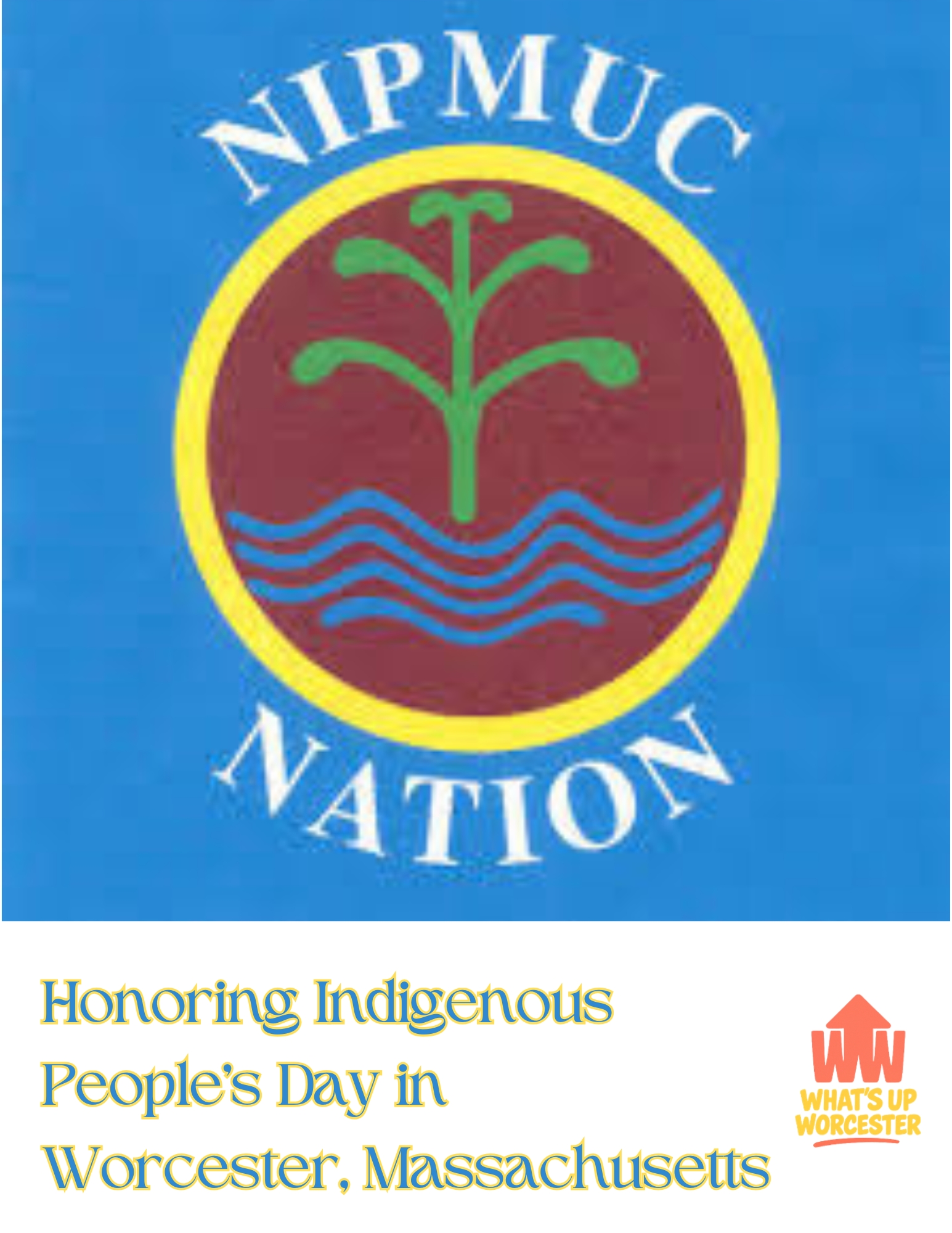 Nipmuc Nation tribal seal featuring a green tree above blue waves on a red and yellow circular emblem, symbolizing the Nipmuc people of Central Massachusetts.